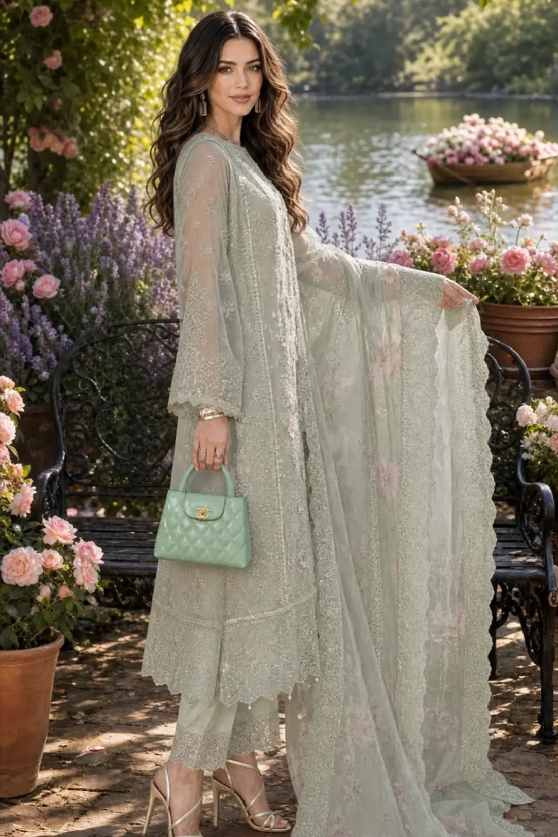 D1 Pistachio Mist Nooriyah sage embroidered chiffon wedding stitched 3PC suit with 3D blush florals, silk trouser and printed organza dupatta.