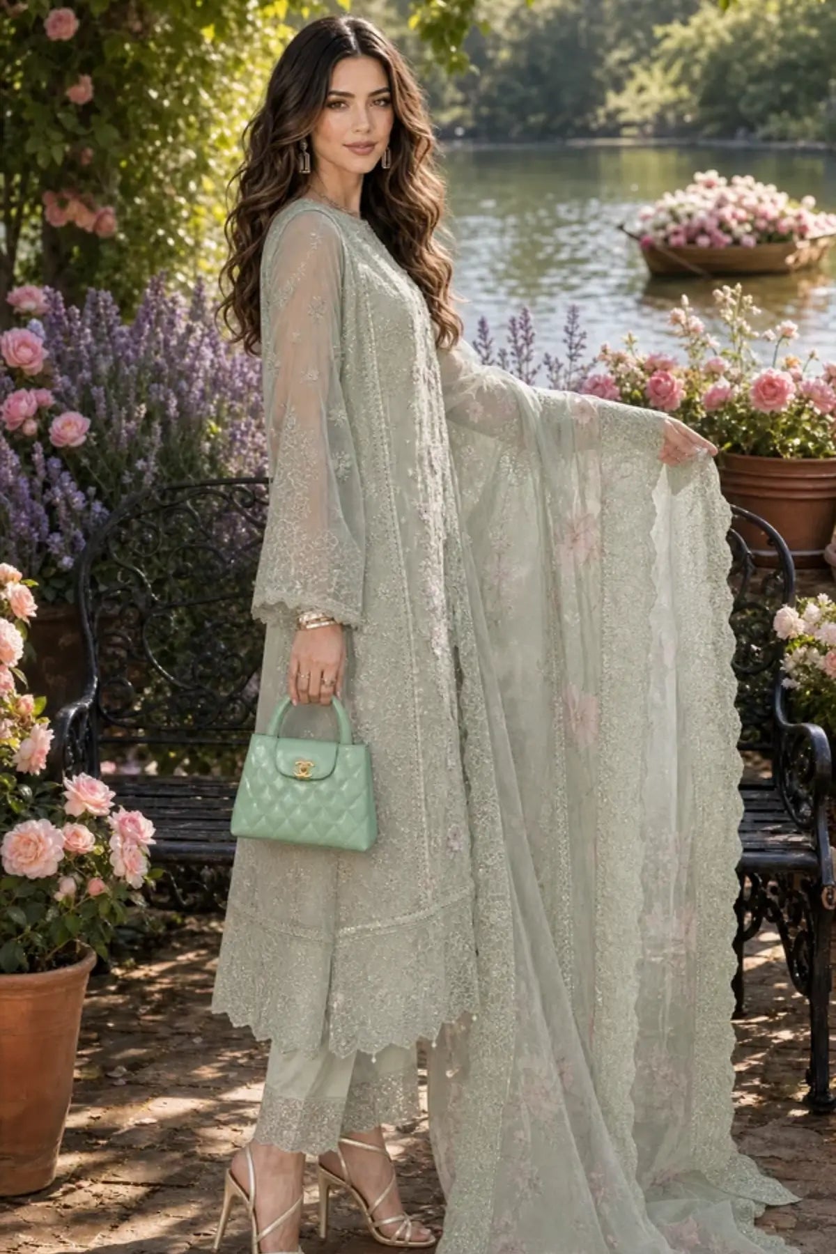 D1 Pistachio Mist Nooriyah sage embroidered chiffon wedding stitched 3PC suit with 3D blush florals, silk trouser and printed organza dupatta.