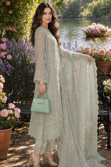 D1 Pistachio Mist Nooriyah sage embroidered chiffon wedding stitched 3PC suit with 3D blush florals, silk trouser and printed organza dupatta.