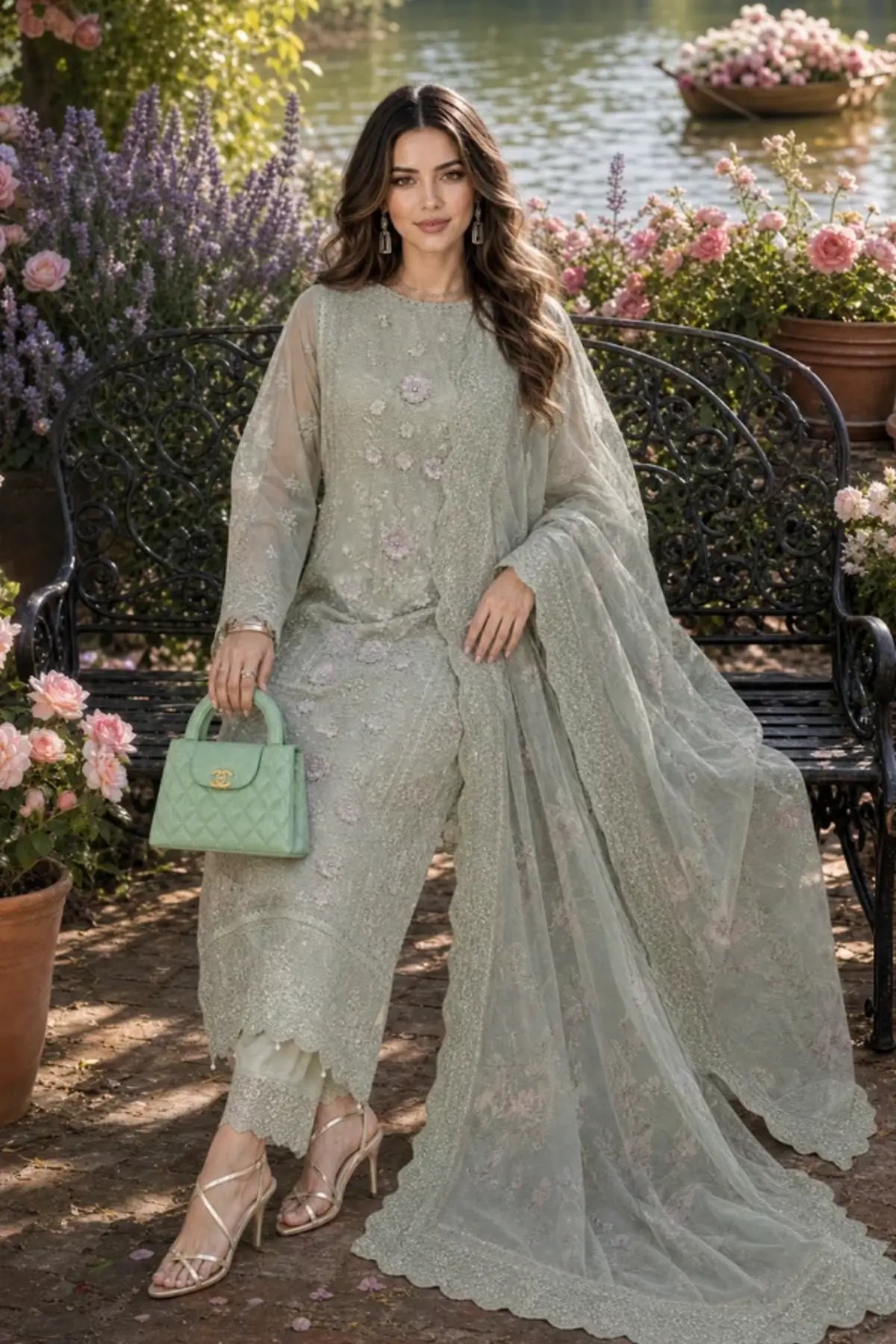 D1 Pistachio Mist Nooriyah sage embroidered chiffon wedding stitched 3PC suit with 3D blush florals, silk trouser and printed organza dupatta.