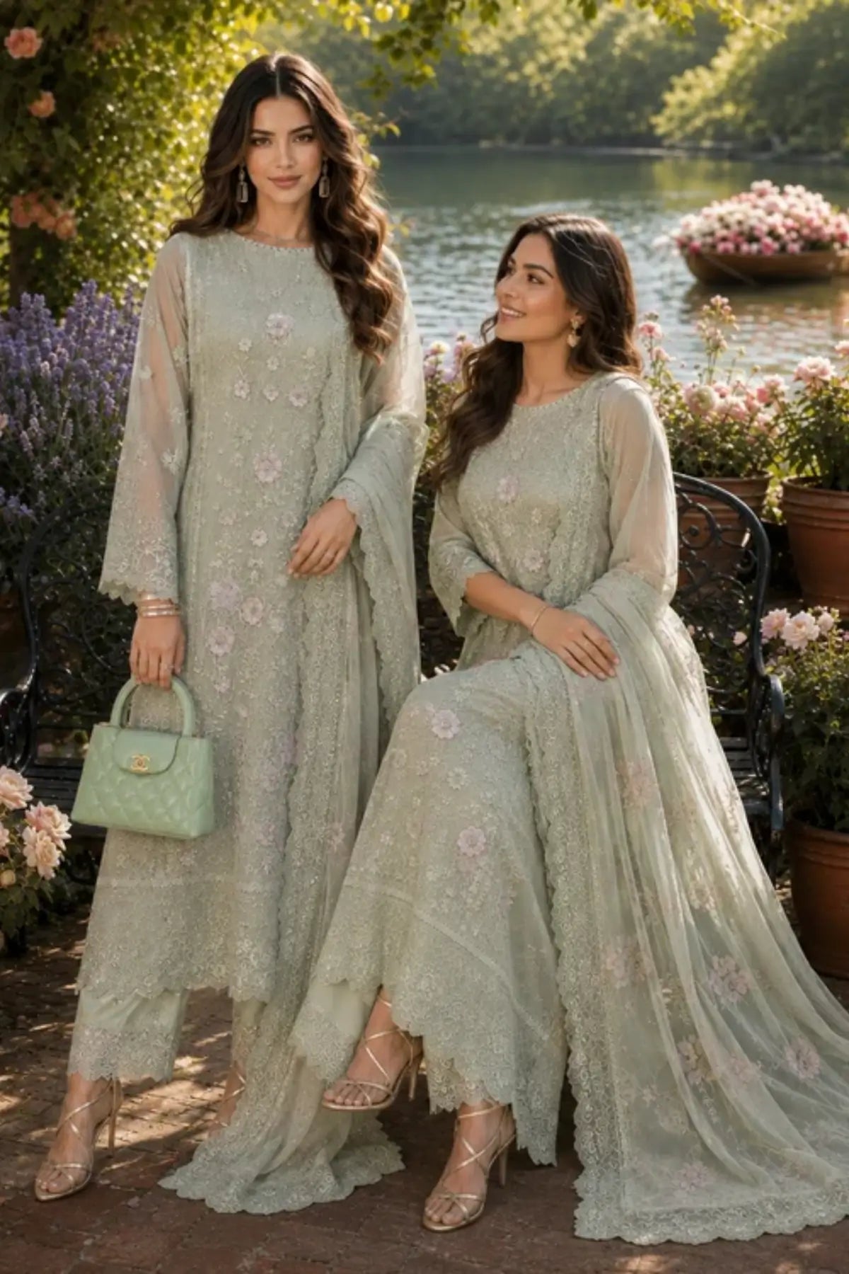 D1 Pistachio Mist Nooriyah sage embroidered chiffon wedding stitched 3PC suit with 3D blush florals, silk trouser and printed organza dupatta.