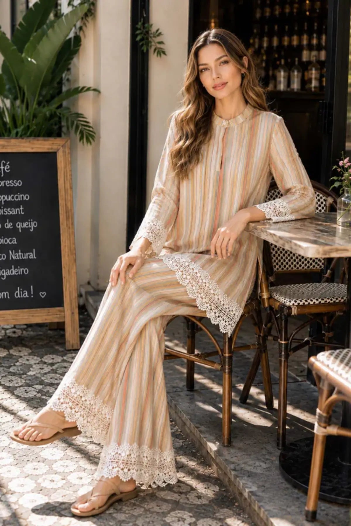 Saadia Asad D1 Sunkissed Stripes beige summer semi lawn stitched 3PC suit with silk dupatta by Pakistanimoda