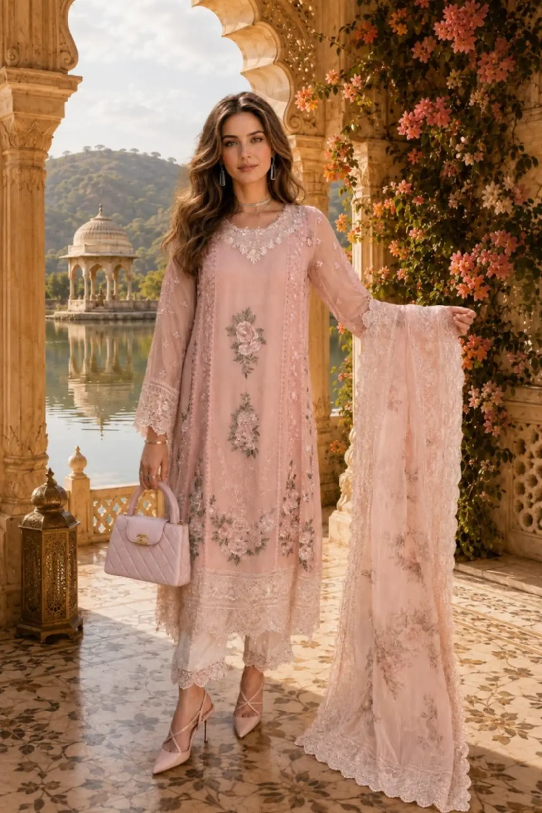 D2 Satin Rose Nooriyah 3D rose embroidered chiffon stitched 3PC suit with silk trouser and floral printed organza dupatta.
