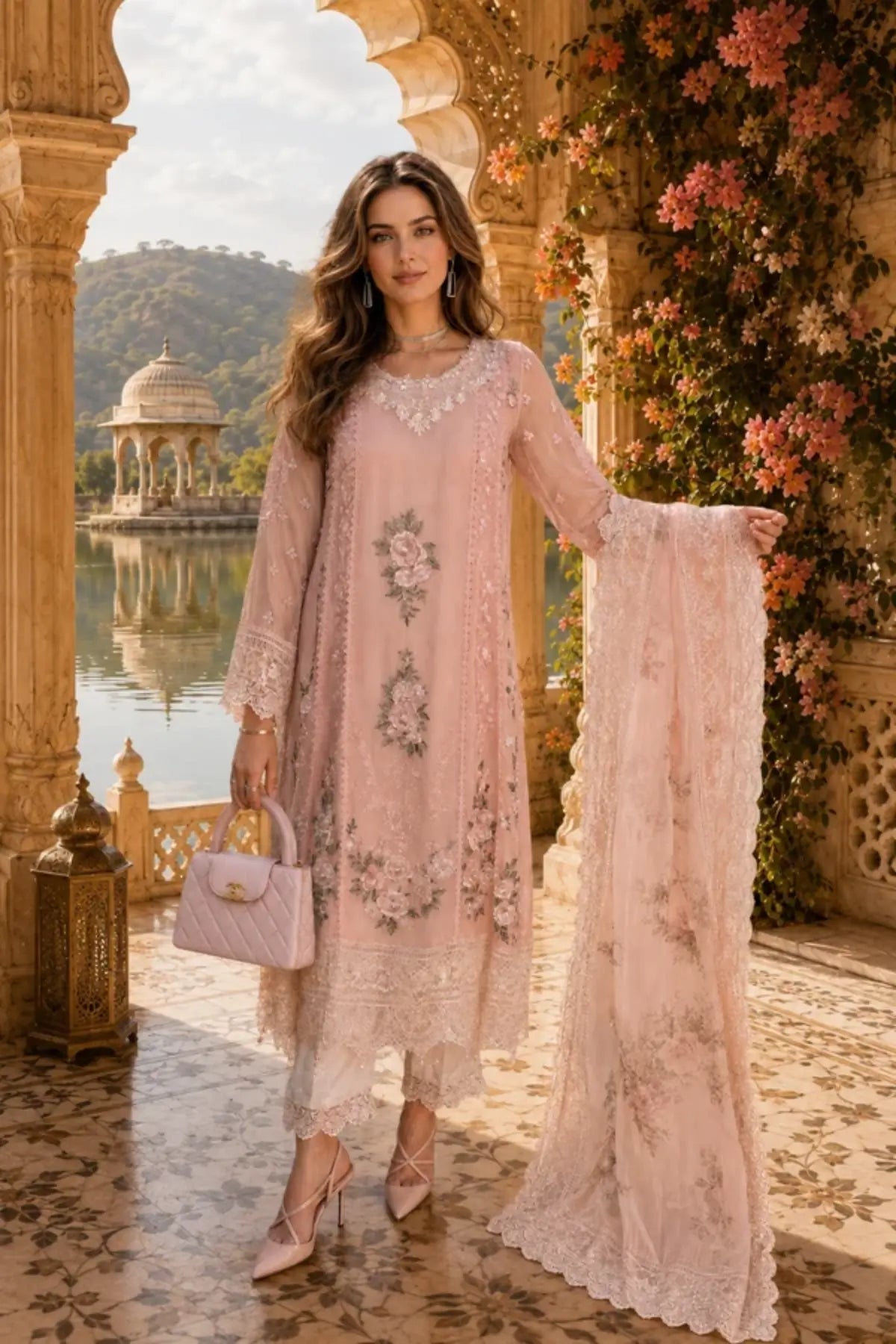 D2 Satin Rose Nooriyah 3D rose embroidered chiffon stitched 3PC suit with silk trouser and floral printed organza dupatta.