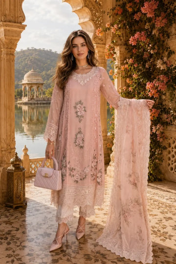 D2 Satin Rose Nooriyah 3D rose embroidered chiffon stitched 3PC suit with silk trouser and floral printed organza dupatta.