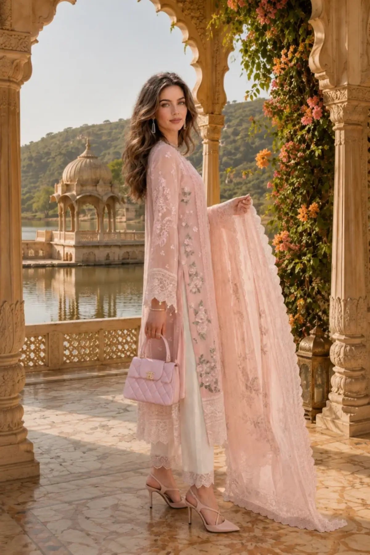 D2 Satin Rose Nooriyah 3D rose embroidered chiffon stitched 3PC suit with silk trouser and floral printed organza dupatta.