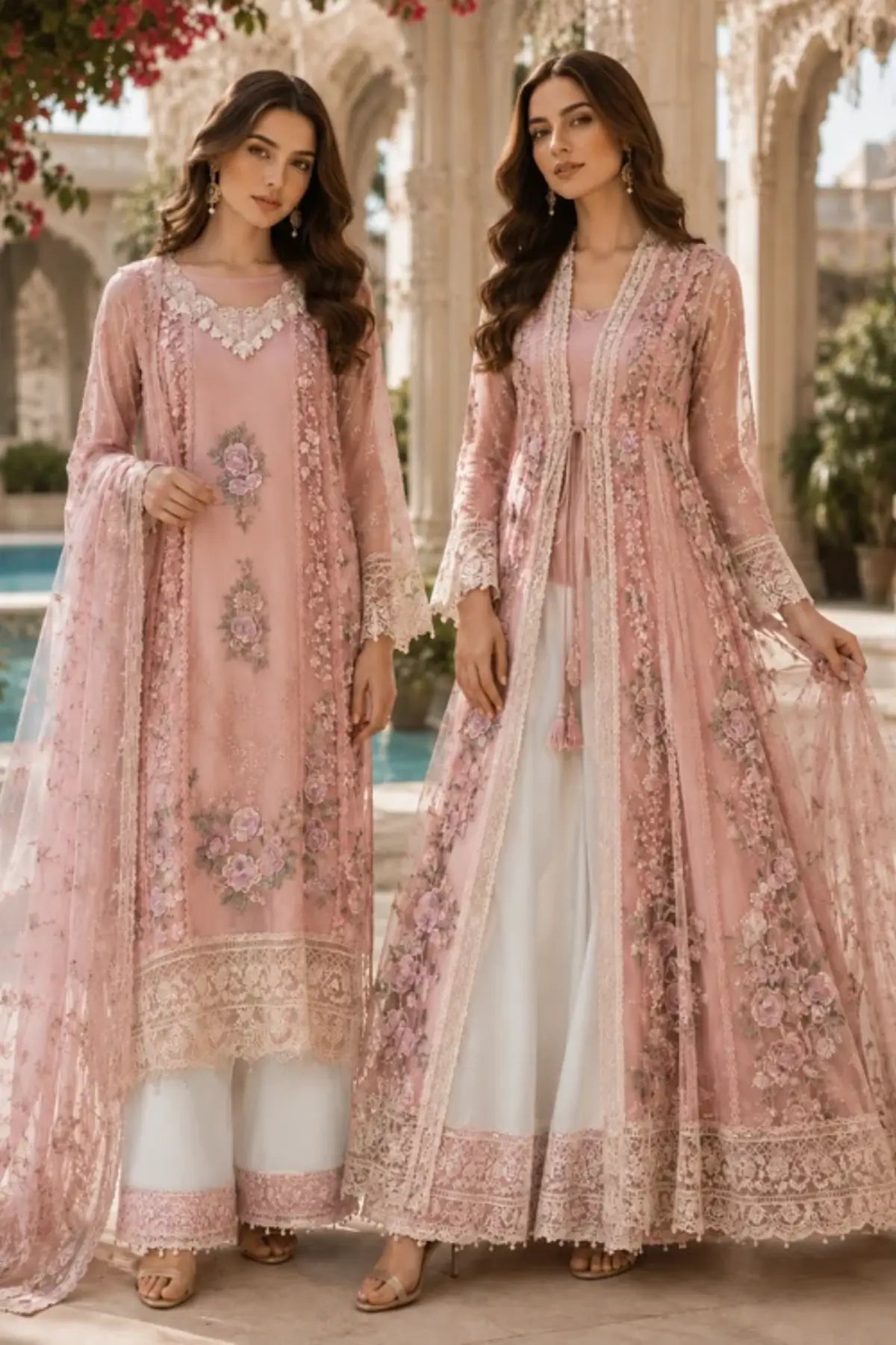 D2 Satin Rose Nooriyah 3D rose embroidered chiffon stitched 3PC suit with silk trouser and floral printed organza dupatta.