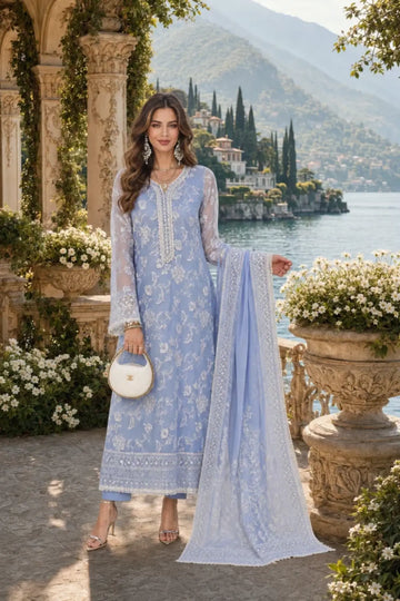 D3 Dove Blue Nooriyah luxury embroidered organza stitched 3PC suit with ivory floral detailing, silk trouser and embroidered chiffon dupatta.