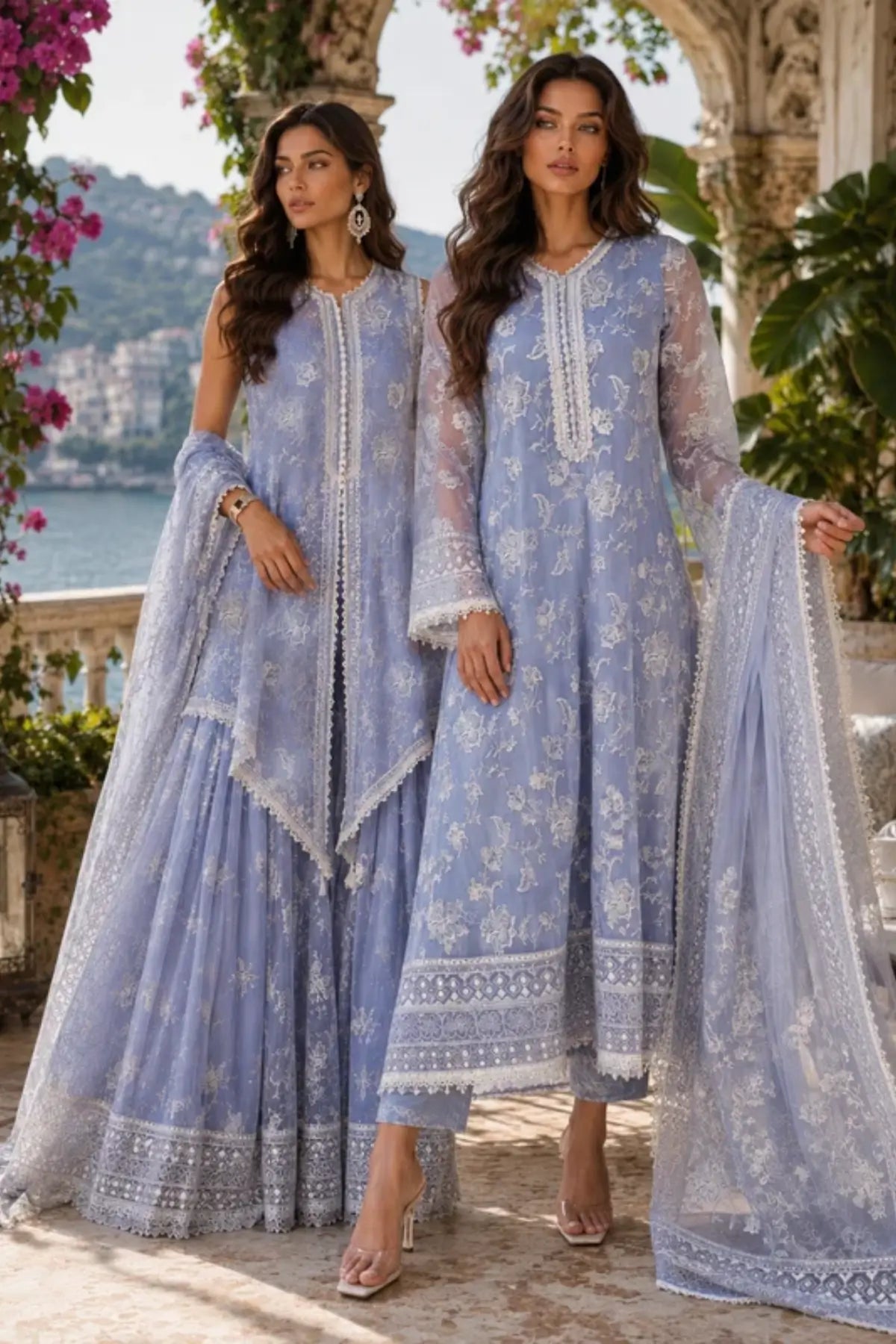 D3 Dove Blue Nooriyah luxury embroidered organza stitched 3PC suit with ivory floral detailing, silk trouser and embroidered chiffon dupatta.