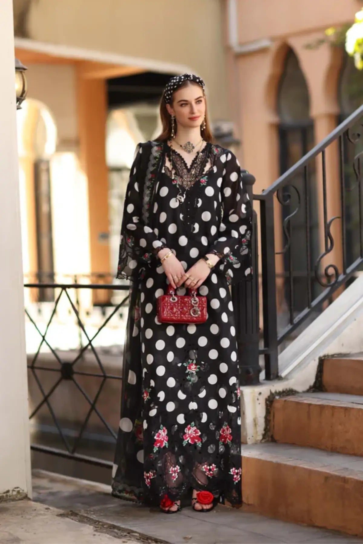 D4-A Black Polka Saadia Asad Noor Eid Luxe Printskhaas 2026 stitched lawn suit Pakistanimoda