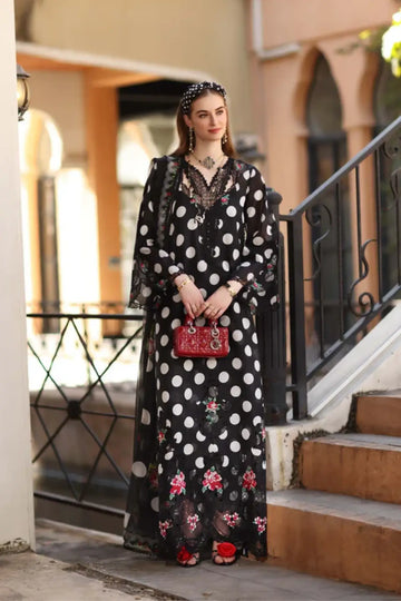 D4-A Black Polka Saadia Asad Noor Eid Luxe Printskhaas 2026 stitched lawn suit Pakistanimoda