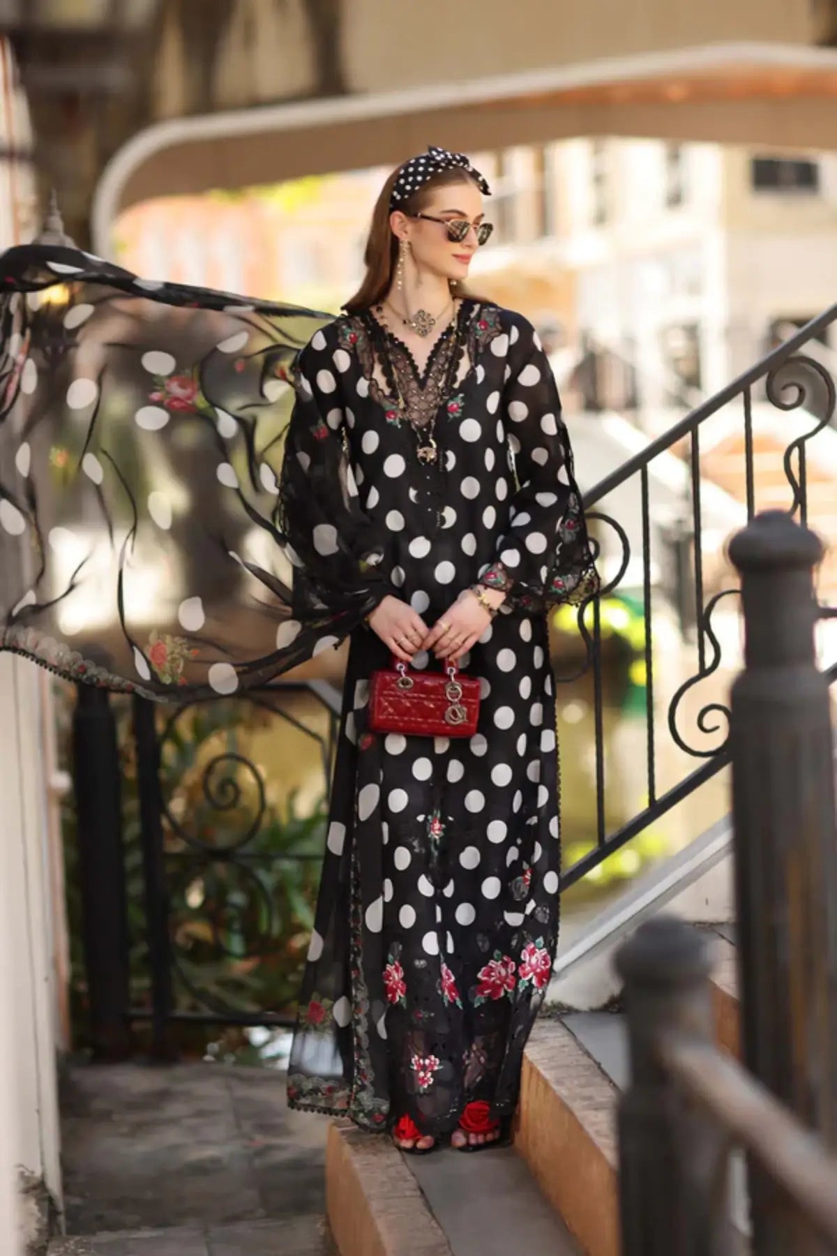 D4-A Black Polka Saadia Asad Noor Eid Luxe Printskhaas 2026 stitched lawn suit Pakistanimoda
