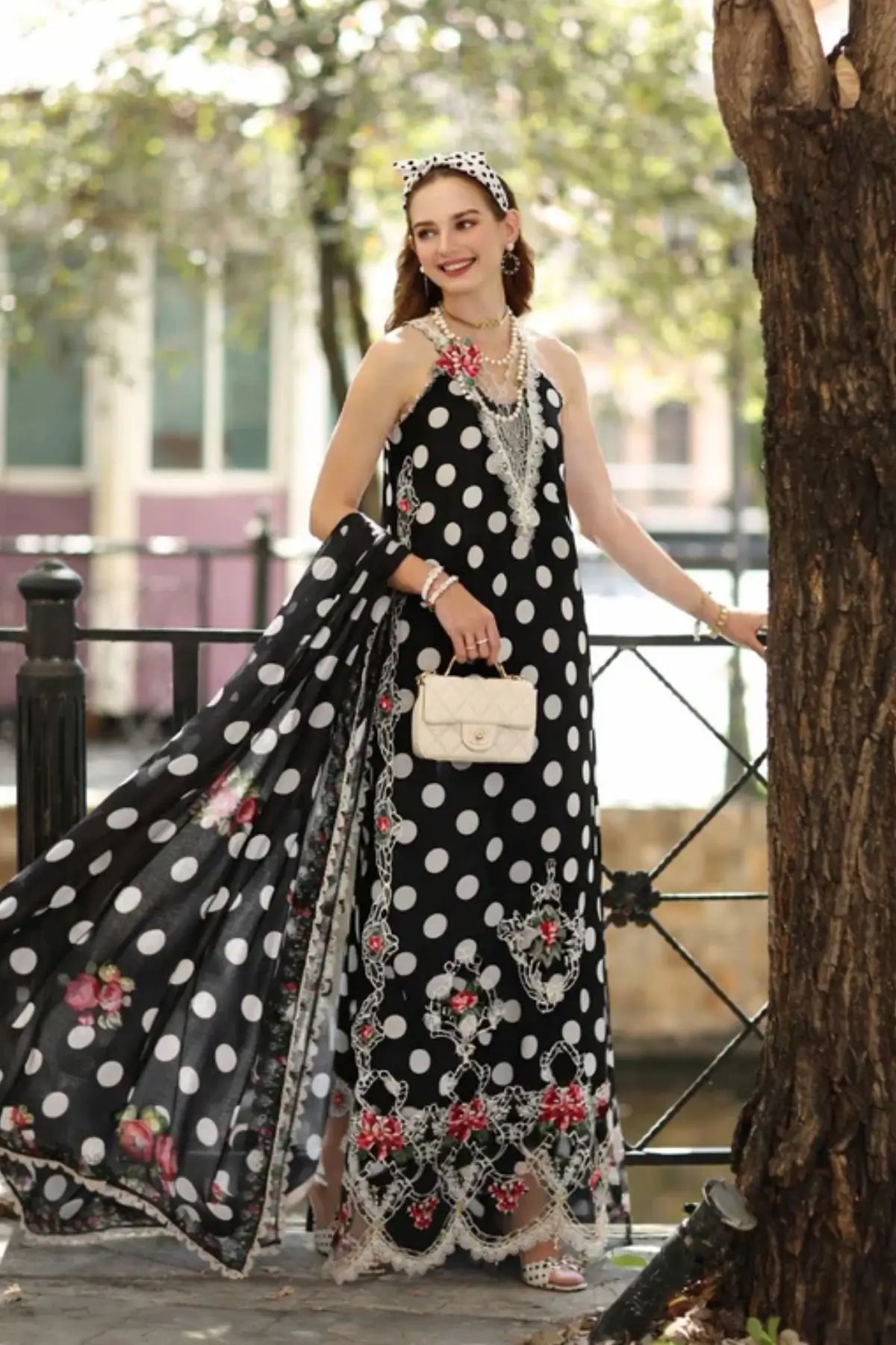Black Monochrome Polka D4-C Saadia Asad designer stitched suit Pakistanimoda