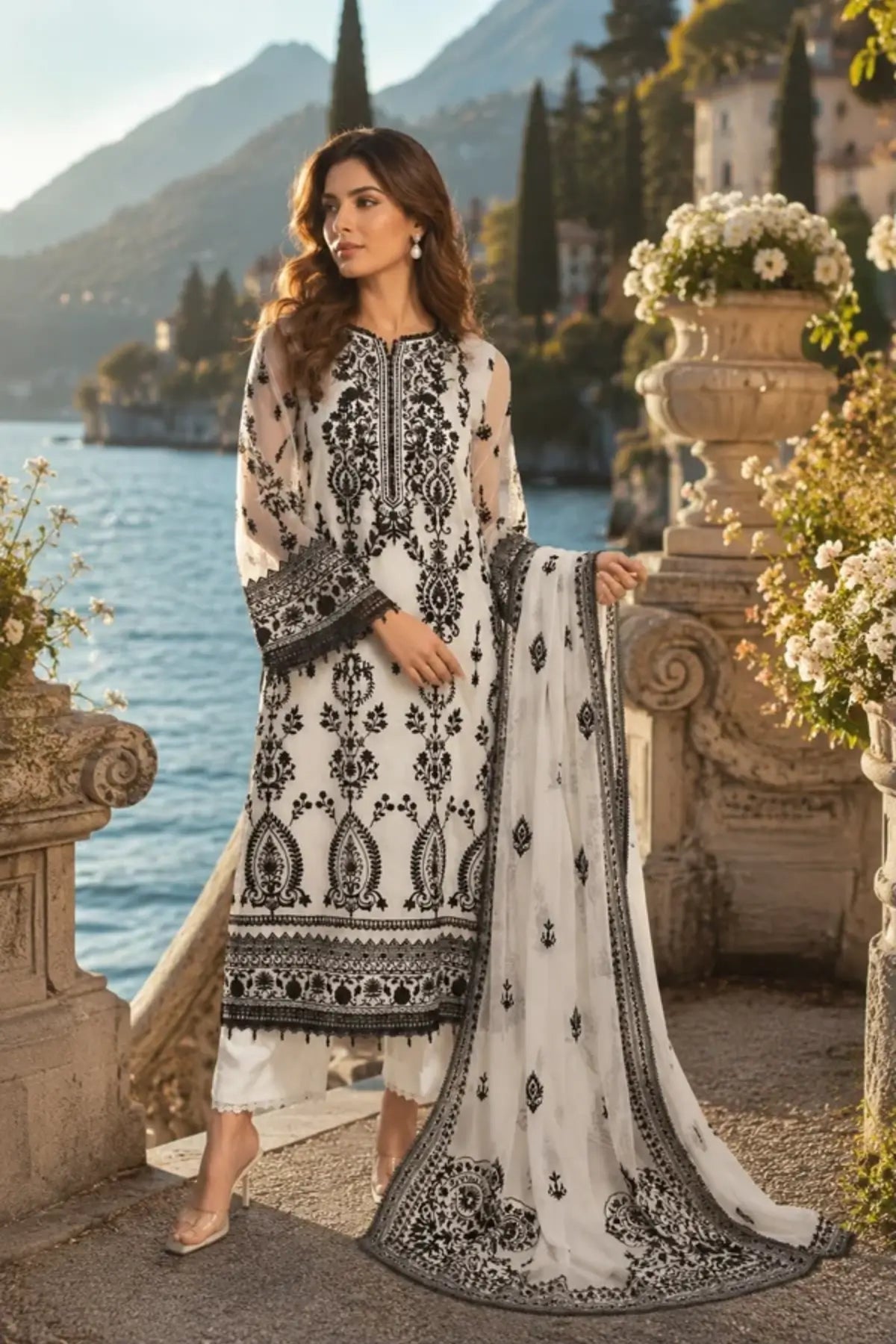 D4 Monochrome Muse Nooriyah black and ivory paisley embroidered organza stitched 3PC suit with silk trouser and embroidered chiffon dupatta.