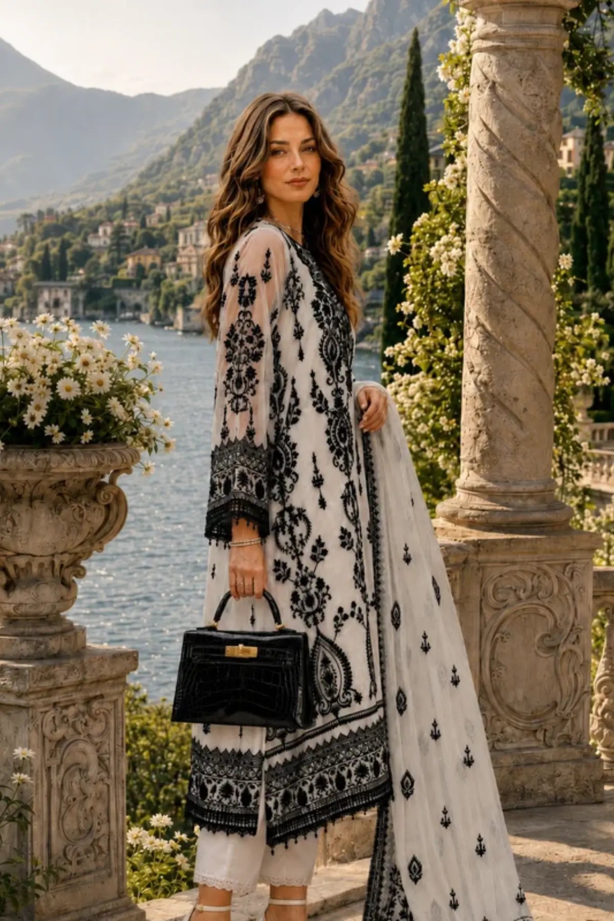 D4 Monochrome Muse Nooriyah black and ivory paisley embroidered organza stitched 3PC suit with silk trouser and embroidered chiffon dupatta.