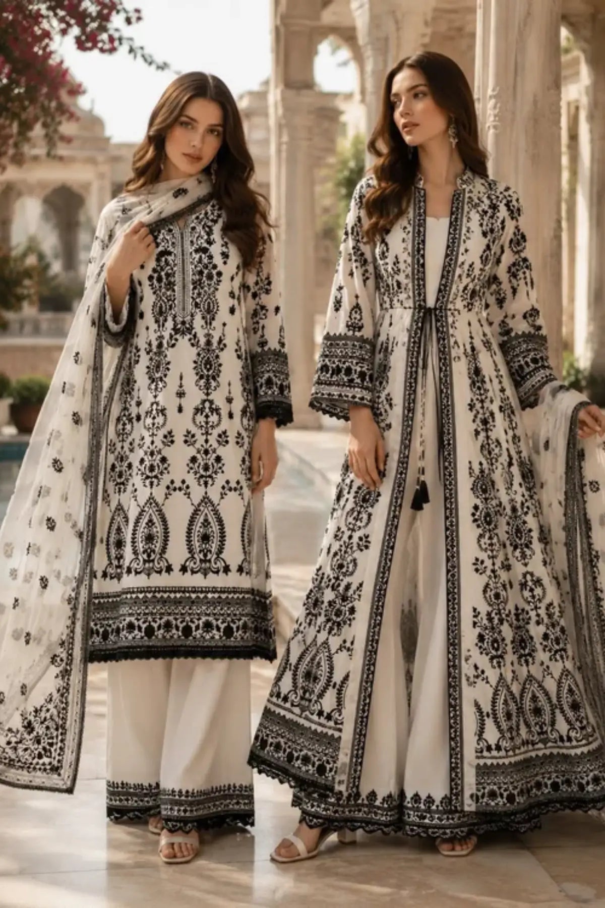 D4 Monochrome Muse Nooriyah black and ivory paisley embroidered organza stitched 3PC suit with silk trouser and embroidered chiffon dupatta.