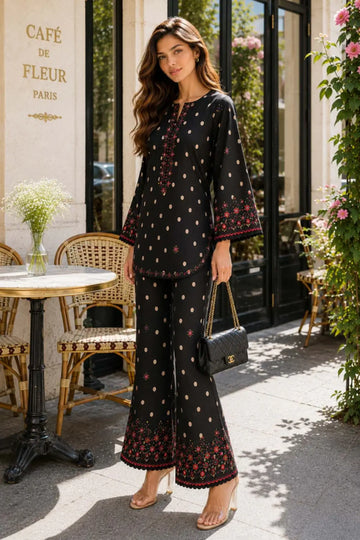 Saadia Asad D4 Starlit Polka premium black semi lawn 3PC suit with silk dupatta by Pakistanimoda
