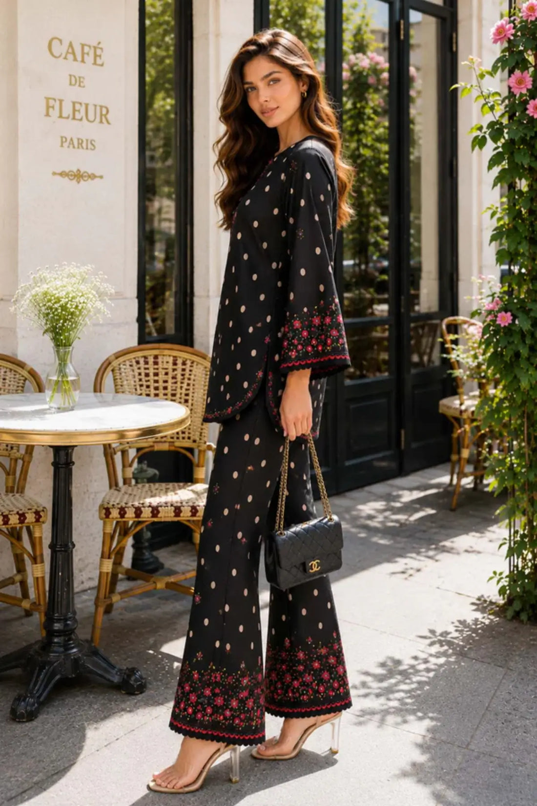 Saadia Asad D4 Starlit Polka premium black semi lawn 3PC suit with silk dupatta by Pakistanimoda