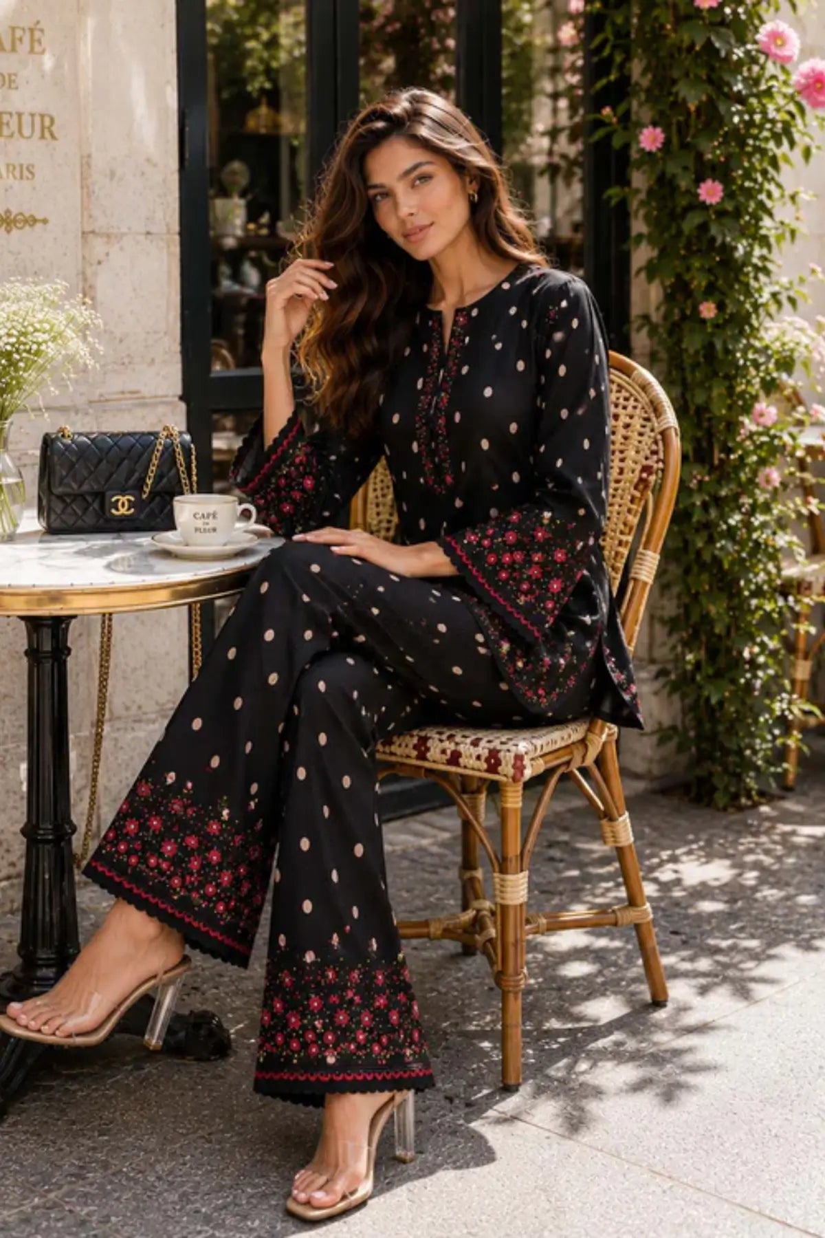 Saadia Asad D4 Starlit Polka premium black semi lawn 3PC suit with silk dupatta by Pakistanimoda
