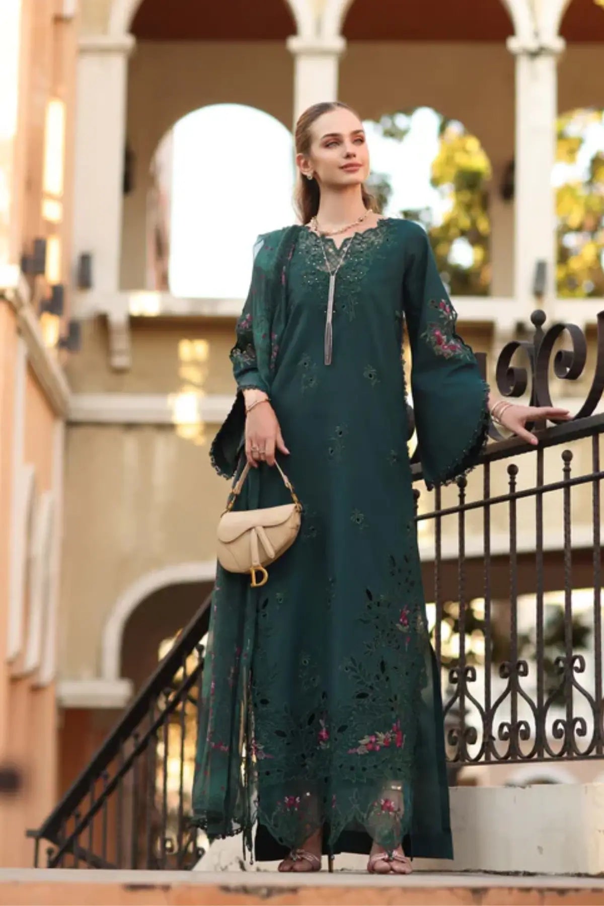 D5-A Teal Grove Saadia Asad Noor Eid Luxe Printskhaas 2026 stitched lawn suit Pakistanimoda