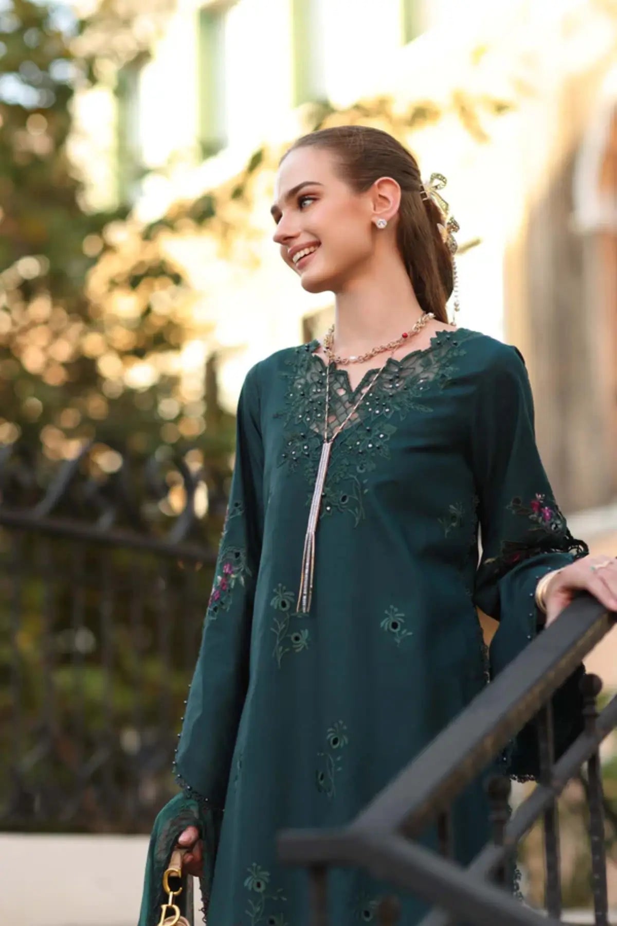 D5-A Teal Grove Saadia Asad Noor Eid Luxe Printskhaas 2026 stitched lawn suit Pakistanimoda