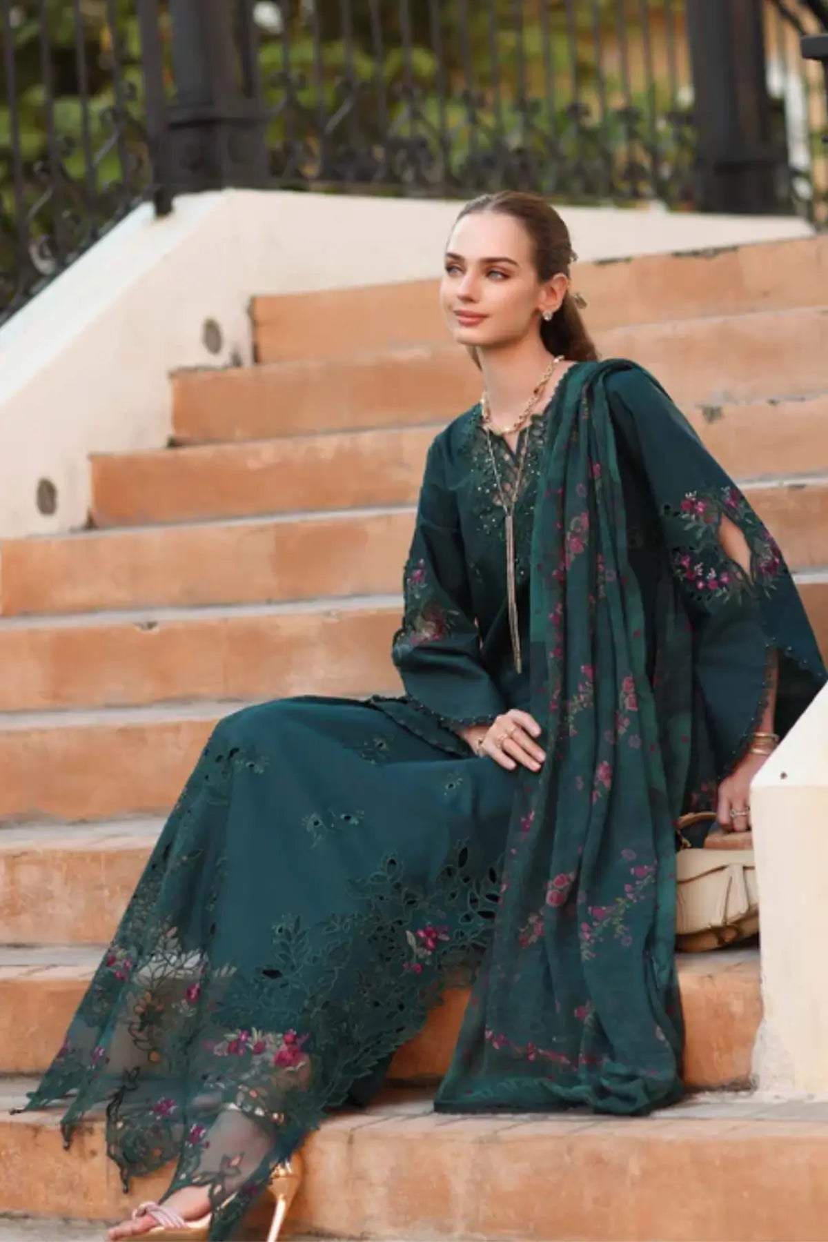 D5-A Teal Grove Saadia Asad Noor Eid Luxe Printskhaas 2026 stitched lawn suit Pakistanimoda
