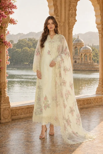 D5 Pale Yellow from Nooriyah Luxury Embroidered Chiffon ’26 featuring a floral embroidered chiffon shirt, dyed silk trouser and printed organza dupatta, stitched 3PC Pakistani suit.