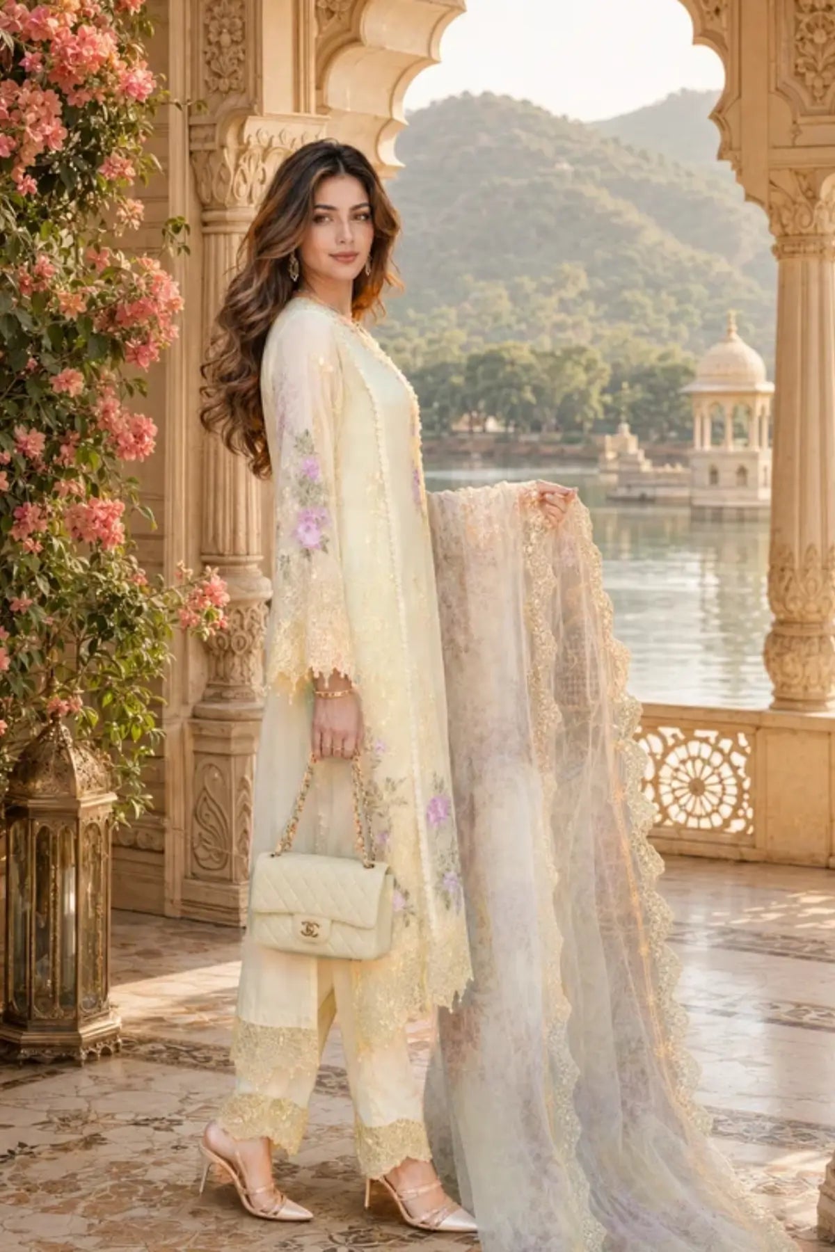 D5 Pale Yellow from Nooriyah Luxury Embroidered Chiffon ’26 featuring a floral embroidered chiffon shirt, dyed silk trouser and printed organza dupatta, stitched 3PC Pakistani suit.