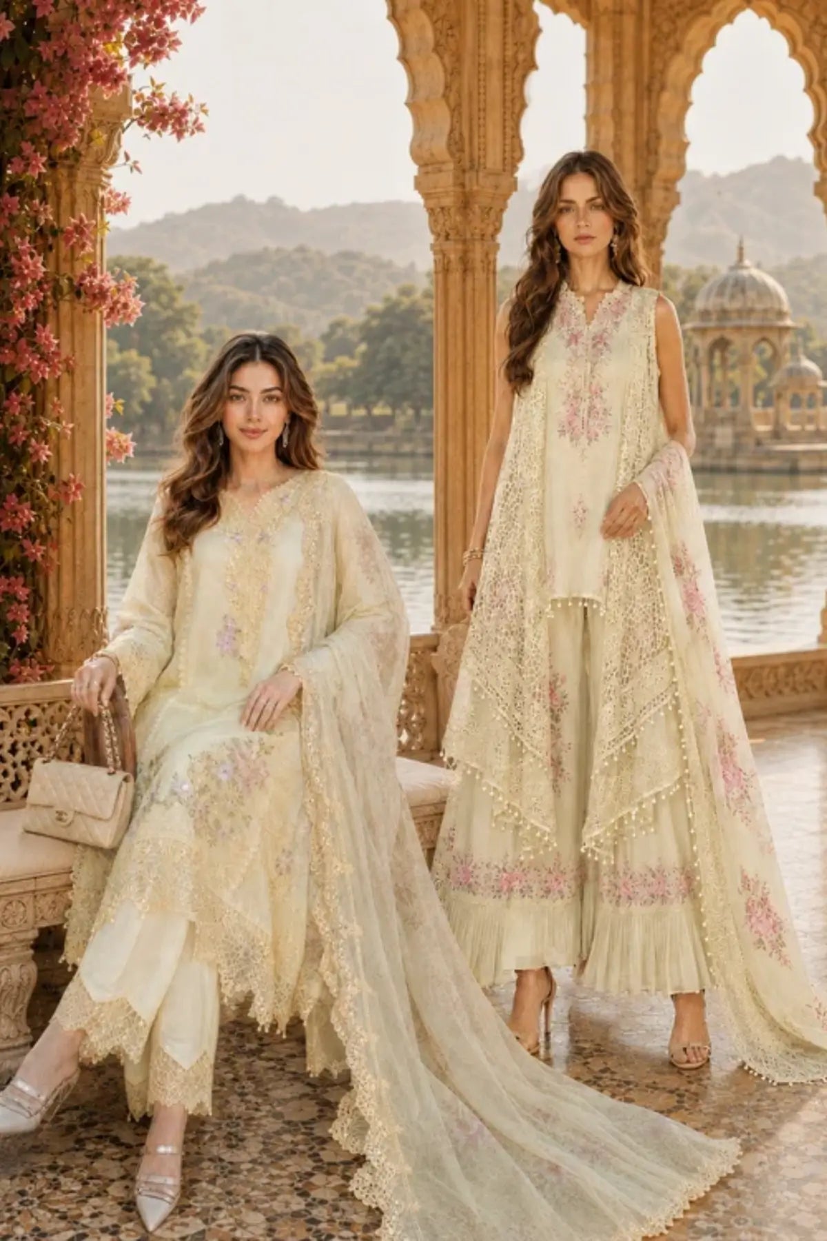 D5 Pale Yellow from Nooriyah Luxury Embroidered Chiffon ’26 featuring a floral embroidered chiffon shirt, dyed silk trouser and printed organza dupatta, stitched 3PC Pakistani suit.