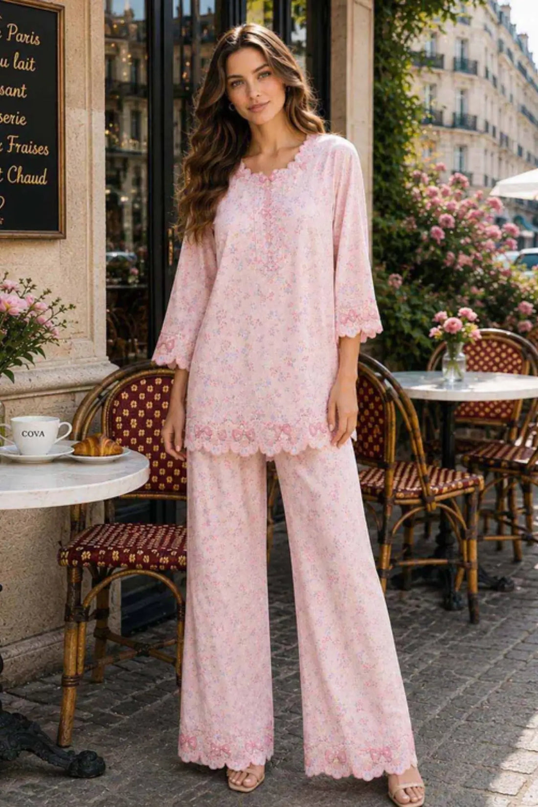 Saadia Asad D5 Pink Bow Charm blush pink semi lawn stitched 3PC suit with silk dupatta by Pakistanimoda