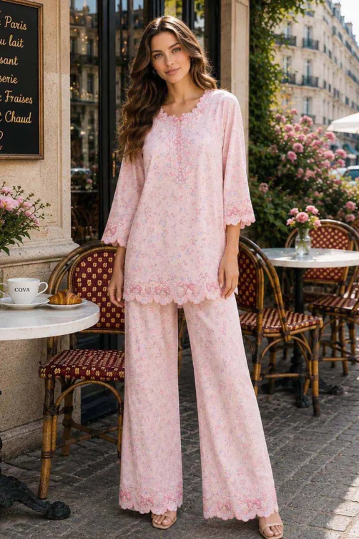 Saadia Asad D5 Pink Bow Charm blush pink semi lawn stitched 3PC suit with silk dupatta by Pakistanimoda