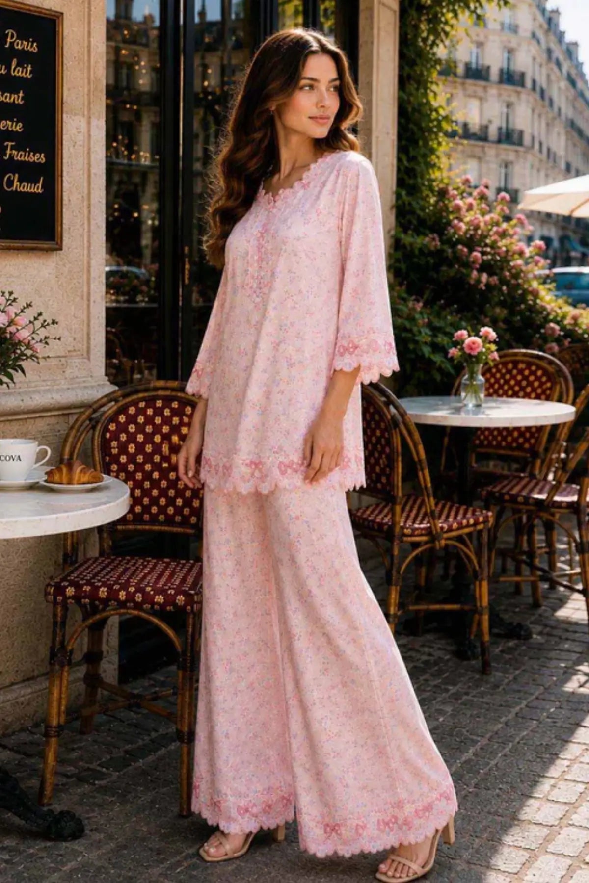 Saadia Asad D5 Pink Bow Charm blush pink semi lawn stitched 3PC suit with silk dupatta by Pakistanimoda