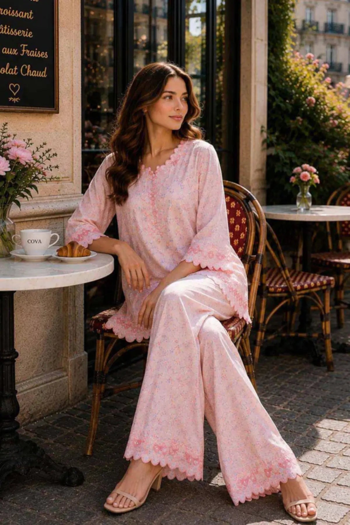 Saadia Asad D5 Pink Bow Charm blush pink semi lawn stitched 3PC suit with silk dupatta by Pakistanimoda