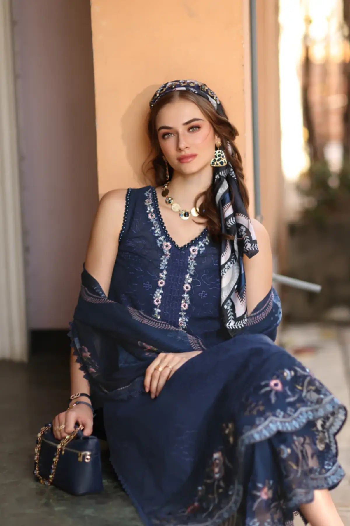 Saadia Asad D6-A Imperial Blue stitched designer suit Noor Eid Luxe Printskhaas Pakistanimoda