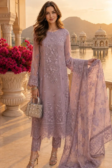 D6 Vintage Mauve Nooriyah 3D floral embroidered chiffon stitched 3PC suit with silk trouser and printed organza dupatta.