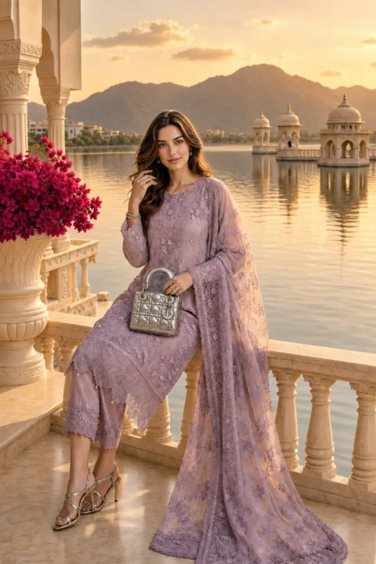 D6 Vintage Mauve Nooriyah 3D floral embroidered chiffon stitched 3PC suit with silk trouser and printed organza dupatta.