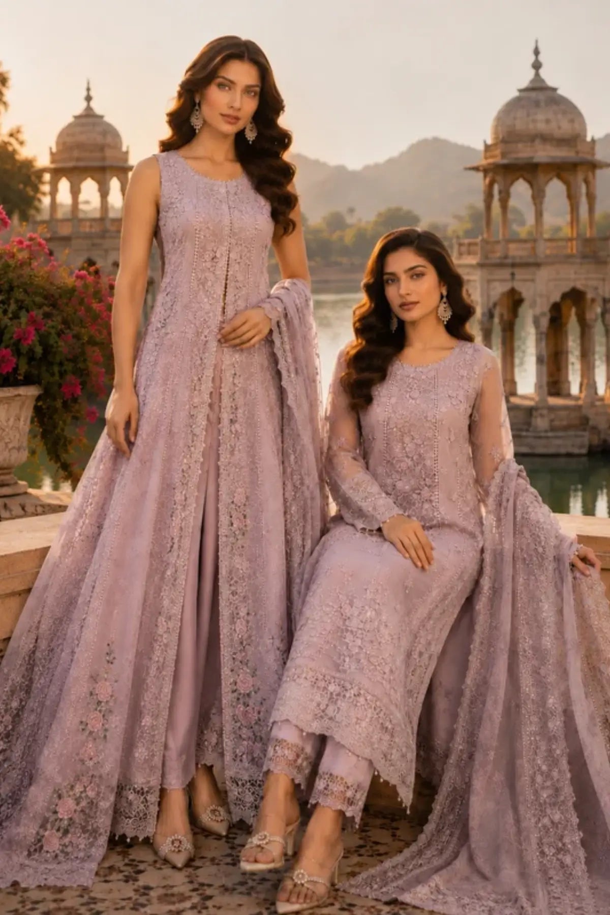 D6 Vintage Mauve Nooriyah 3D floral embroidered chiffon stitched 3PC suit with silk trouser and printed organza dupatta.