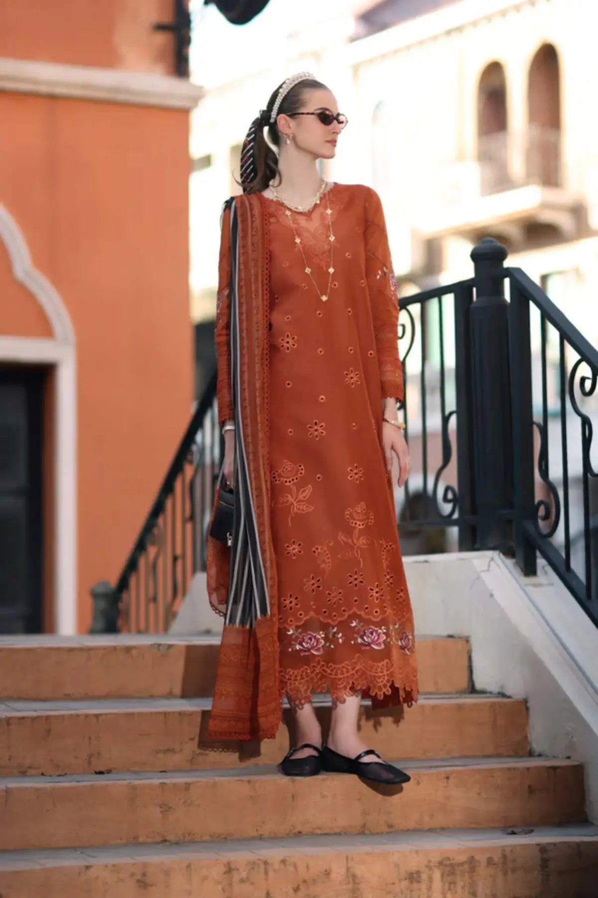 D7-A Tangerine Royal Saadia Asad Noor Eid Luxe Printskhaas 2026 stitched lawn suit Pakistanimoda