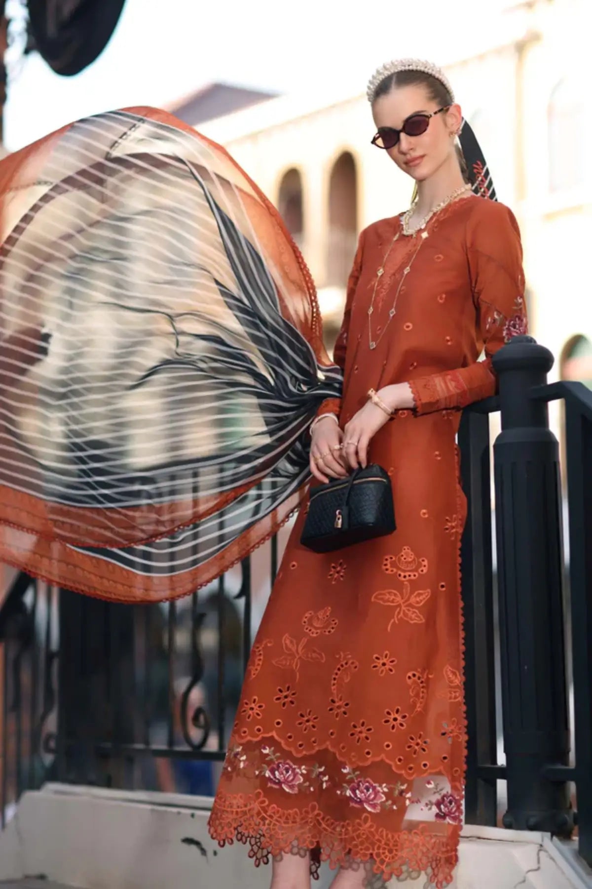 D7-A Tangerine Royal Saadia Asad Noor Eid Luxe Printskhaas 2026 stitched lawn suit Pakistanimoda