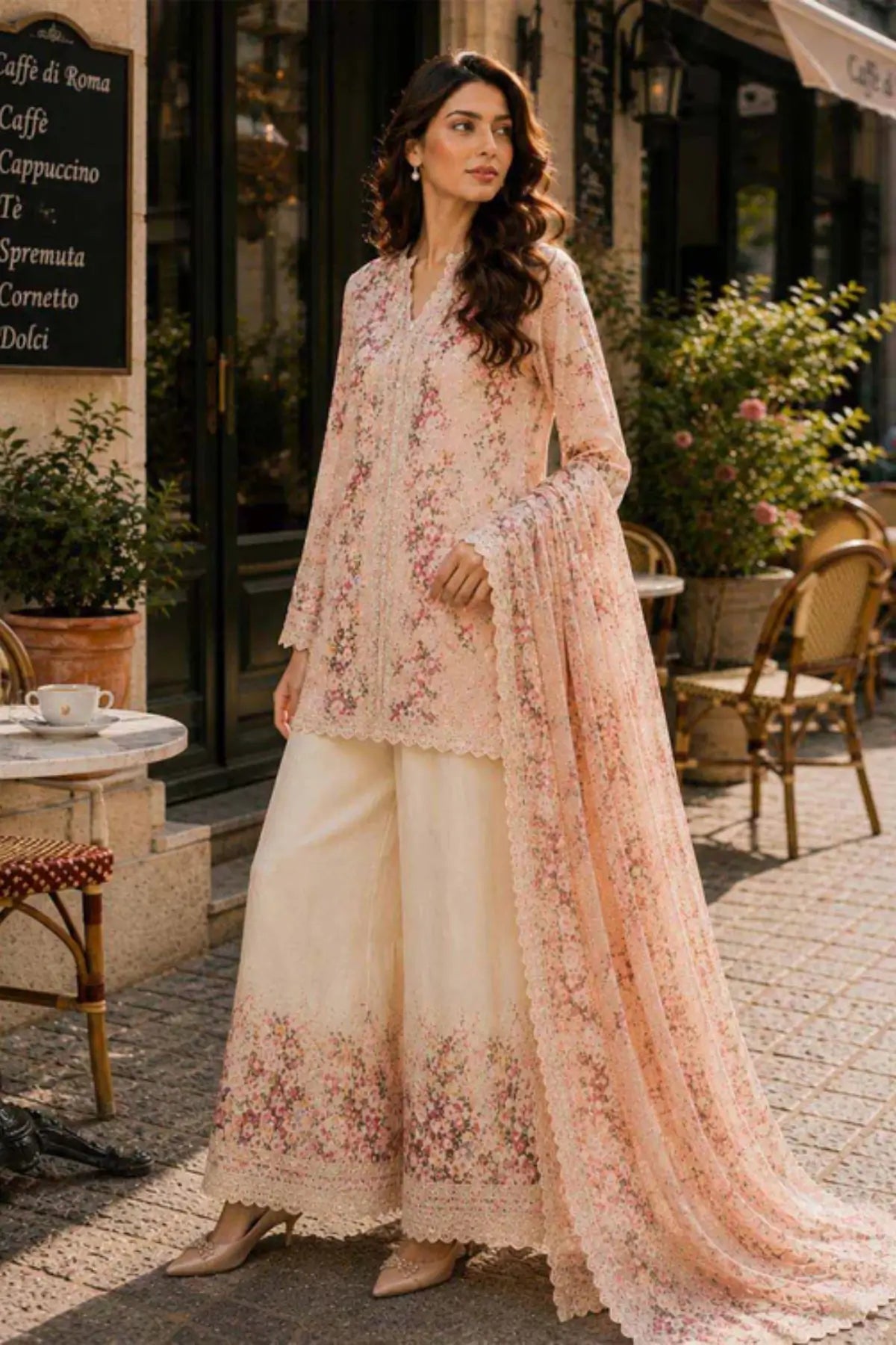 Saadia Asad D7 Rosette Bloom peach semi lawn stitched 3PC suit with silk dupatta by Pakistanimoda