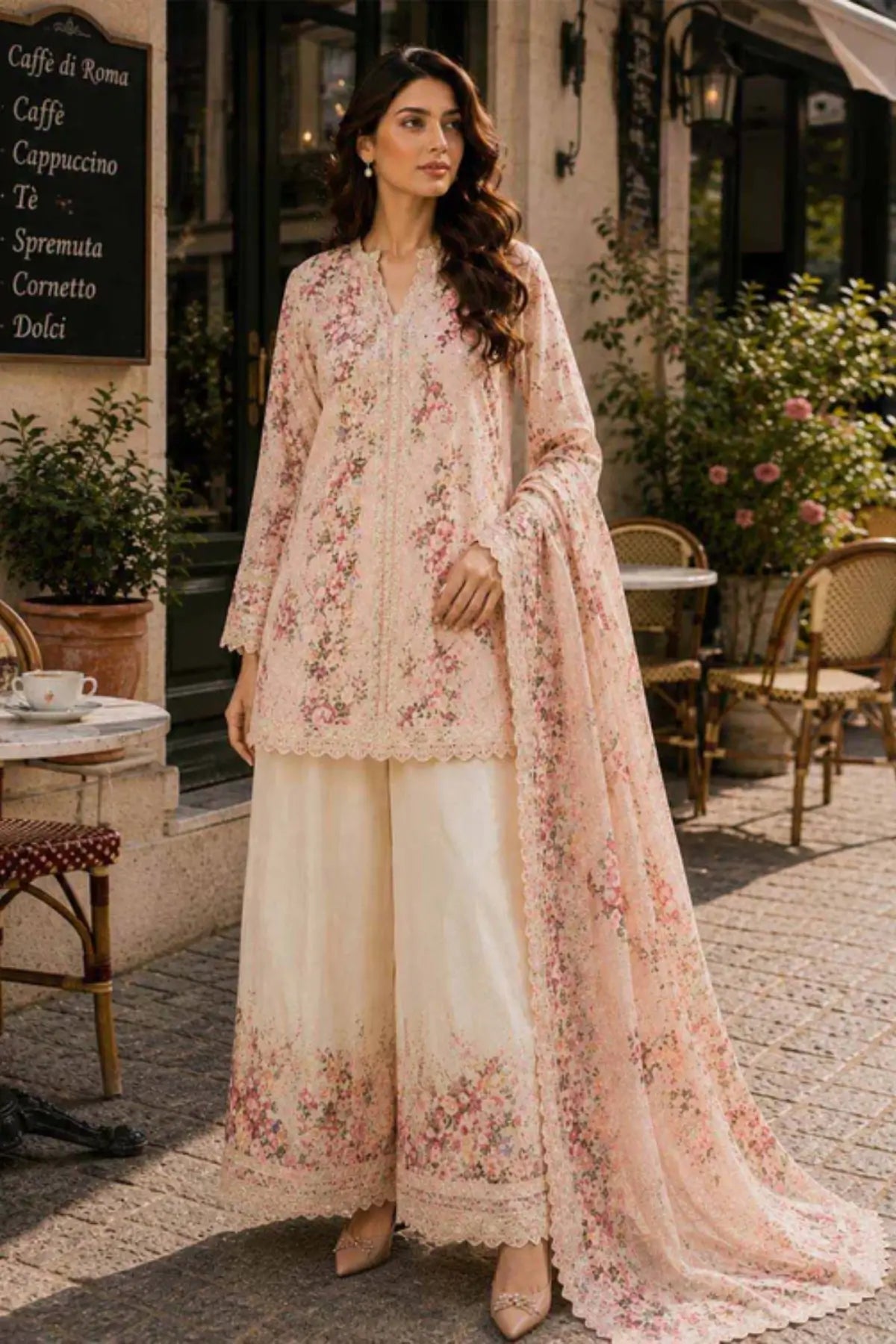 Saadia Asad D7 Rosette Bloom peach semi lawn stitched 3PC suit with silk dupatta by Pakistanimoda