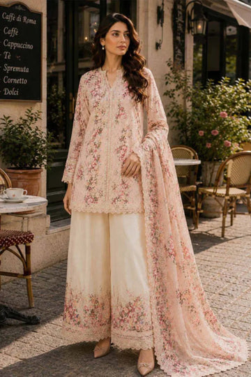 Saadia Asad D7 Rosette Bloom peach semi lawn stitched 3PC suit with silk dupatta by Pakistanimoda