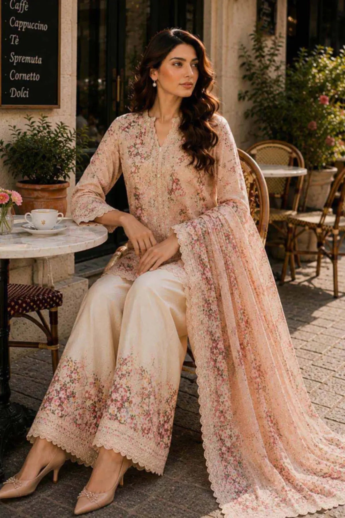 Saadia Asad D7 Rosette Bloom peach semi lawn stitched 3PC suit with silk dupatta by Pakistanimoda