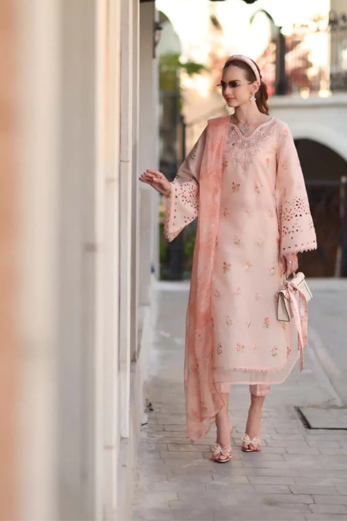 D8-B Peach Blush Saadia Asad Noor Eid Luxe Printskhaas 2026 stitched lawn suit Pakistanimoda