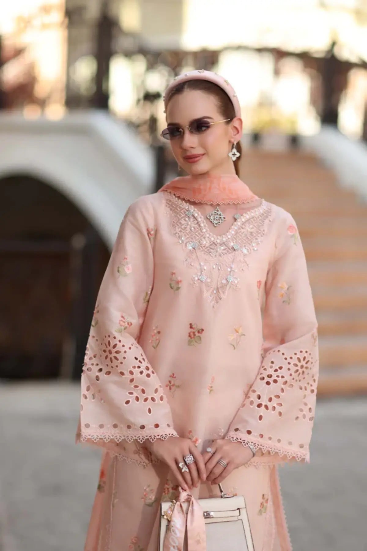 D8-B Peach Blush Saadia Asad Noor Eid Luxe Printskhaas 2026 stitched lawn suit Pakistanimoda