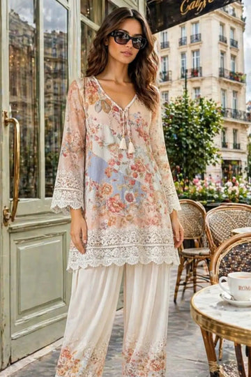 Saadia Asad D8 Vintage Bloom ivory summer stitched 3PC semi lawn suit with silk dupatta by Pakistanimoda