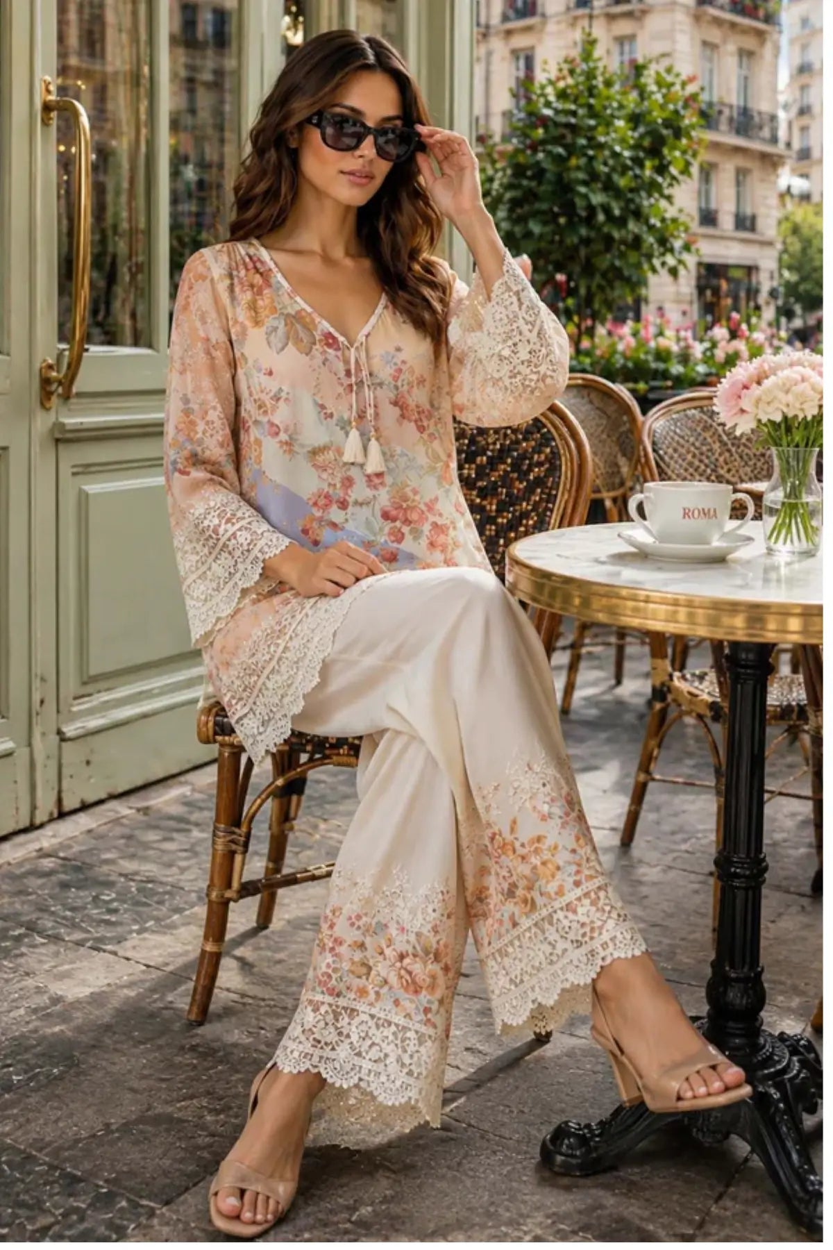 Saadia Asad D8 Vintage Bloom ivory summer stitched 3PC semi lawn suit with silk dupatta by Pakistanimoda