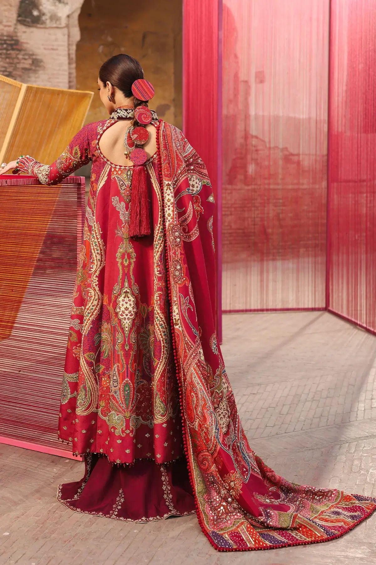 Crimson DAMINI JHILMIL scarlet wedding 3PC suit, stitched silk panels, dori embroidery and adda details