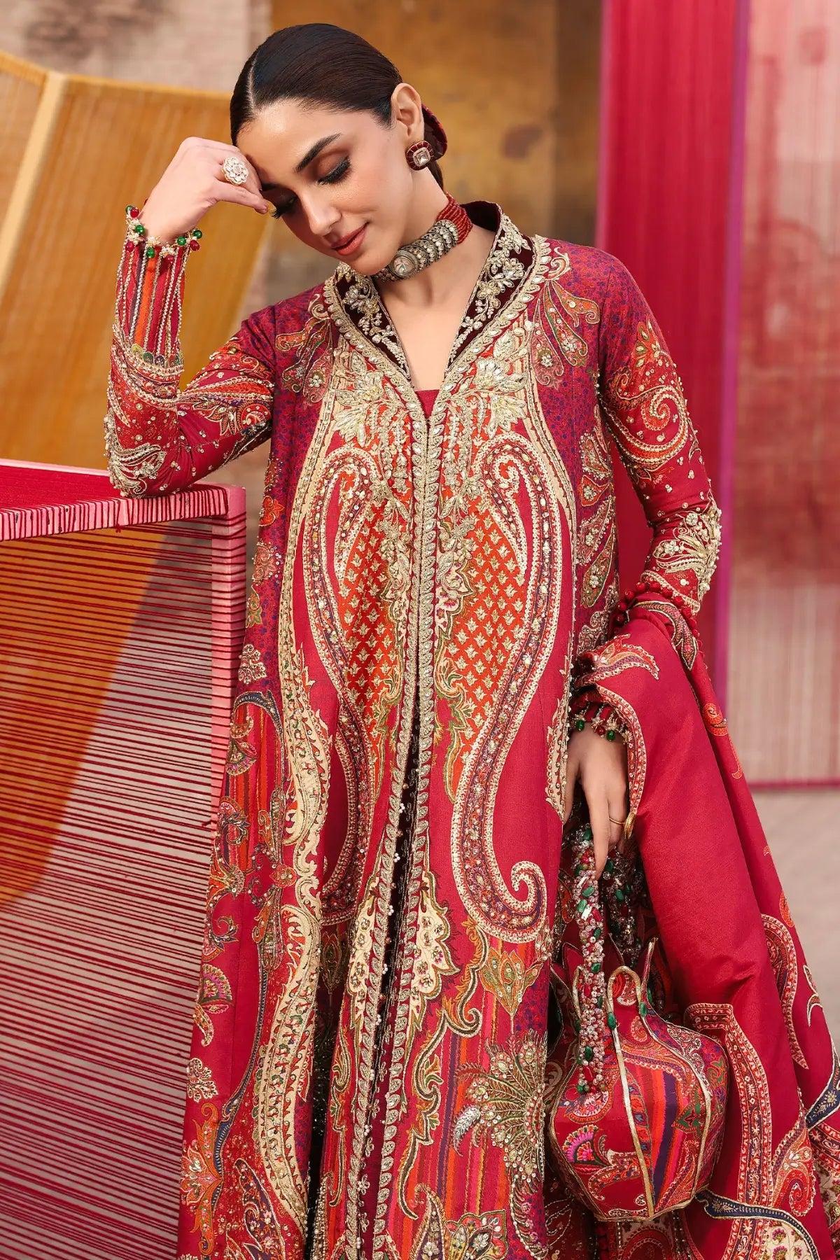 Crimson DAMINI JHILMIL scarlet wedding 3PC suit, stitched silk panels, dori embroidery and adda details