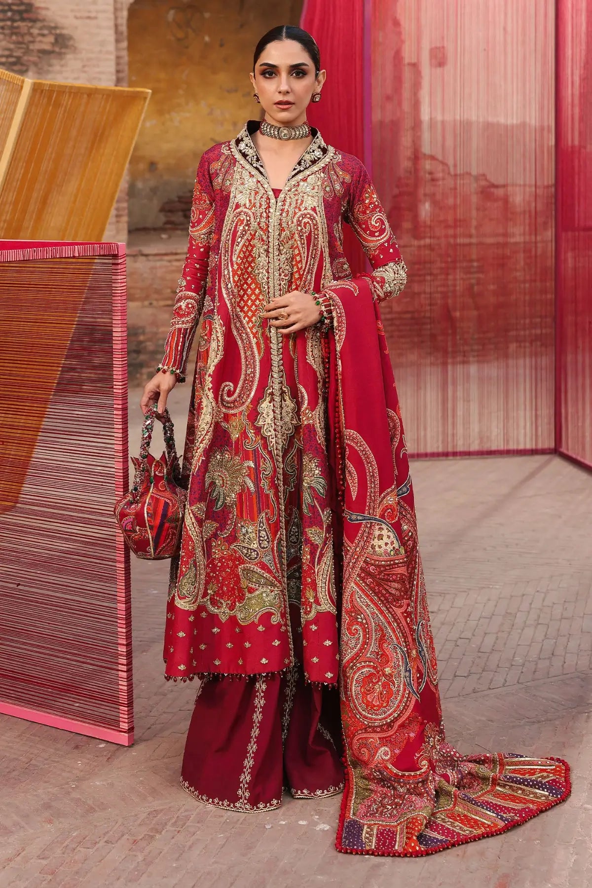 Crimson DAMINI JHILMIL scarlet wedding 3PC suit, stitched silk panels, dori embroidery and adda details.